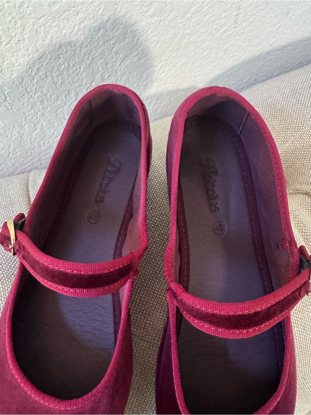 Burgundy Velvet Mary Jane Flats with Buckle Strap - Picture 4 of 6
